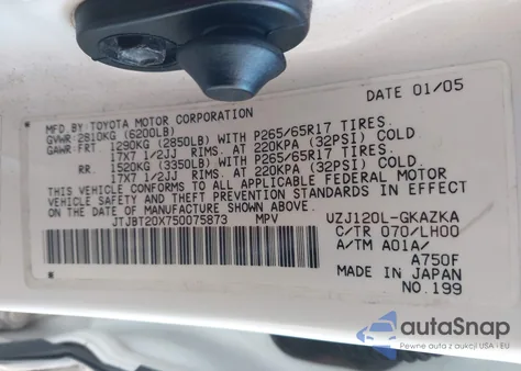 2005 Lexus Gx 470 from USA, damaged, VIN JTJBT20X750075873